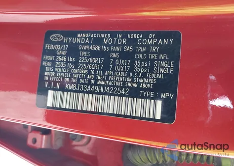 2017 Hyundai Tucson Se Plus from USA, damaged, VIN KM8J33A49HU422542